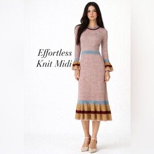 Endless Rose Ribbed Knit Midi Dress Pink Bell Sleeve Spring Feminine Small NWOT